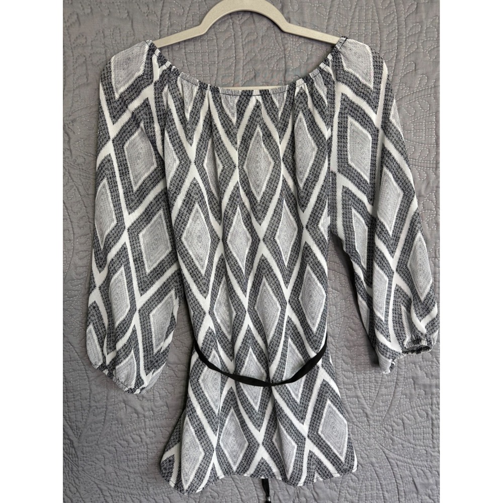AB STUDIO Women's Geometric Print 3/4 Sleeve Tunic Top Black White Belted - Picture 4 of 7